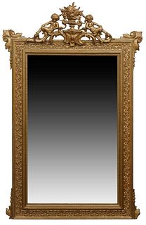 French Louis XVI Style Gilt and Gesso Overmantel Mirror, late 19th c., with a pierced floral basket and putto crest over a wide relief lead and floral