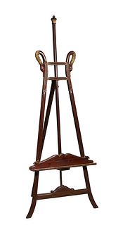 Empire Style Carved and Parcel Gilt Mahogany Adjustable Easel, early 20th c., the swan carved back over a central sliding cylindrical support, behind 