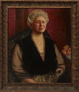 American School, "Portrait of a Woman with Her Dog," 19th/early 20th c., oil on canvas, unsigned, presented in a gilt frame, H.- 29 3/8 in., W.- 25 1/