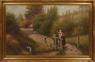 Sydney Prior Hall (British, 1842-1922), "Fishing in the Stream," c. 1877, oil on canvas, signed and dated '77 lower right, presented in a gilt frame, 