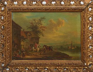 Circle of Dirk Maes (Dutch, 1659-1717), "Bustling Village Scene," oil on canvas, unsigned, presented in a pierced gilt frame, H.- 8 3/4 in., W.- 11 3/