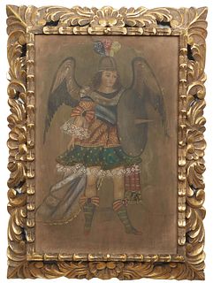 Cuzco School Style, "Archangel Michael," 19th/early 20th c., oil on canvas, unsigned, presented in an ornate gilt frame, H.- 23 in., W.- 15 in., Frame