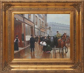 Leo Rawlings (British, 1918-1990), "Nineteenth Century Paris Street Scene," 20th c., oil on canvas, signed lower left, presented in a gilt frame, H.- 