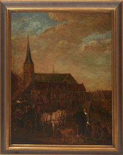 In the Manner of David Teniers the Elder (Belgium, 1582-1649), "View of Amsterdam," oil on board, partially covered signature lower left, dated "1646"
