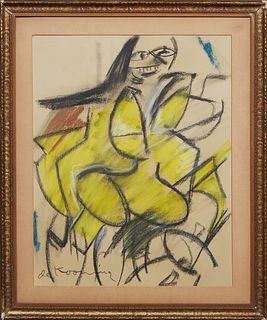 After Willem de Kooning, "Woman in Yellow," c. 1972, oil pastel on paper, signed after the artist lower left, with a "Salander-O'Reilly Galleries, Inc
