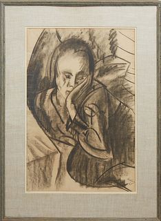 Otto Herbig (Germany, 1889-1971), "Pensive Portrait," c. 1921, charcoal on paper, signed and dated lower right, presented in a linen mat and wood fram