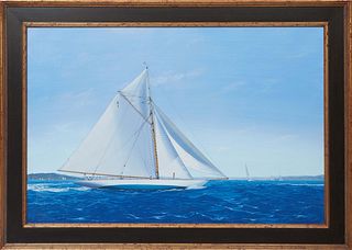 James Miller (British, 1962- ), "The Racing Yacht Mariquita on the Mediterranean," 20th c., oil on canvas, signed lower left, signed and titled en ver