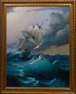 B. Ayeuk, "Ship at Sea," 1993, oil on canvas, signed indistinctly en verso, presented in a gilt frame, H.- 35 1/2 in., W.- 27 1/2 in., Framed H.- 41 1