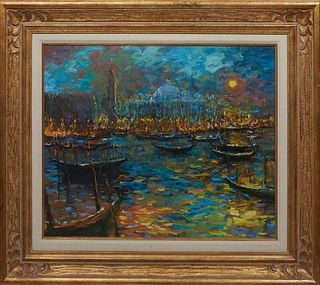 Gerard Valtier (France, 1950- ), "Venise au Soir," c. 2000, oil on canvas, signed lower left, signed, dated and titled en verso, presented in a gilt f