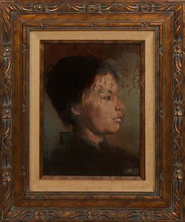 Shar, "Portrait of a Woman," 20th c., oil on board, signed indistinctly and covered by paint lower right, presented in a linen liner and gilt wood fra