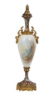 French Sevres Style Champleve Porcelain and Bronze Garniture Urn, late 19th c., with a champleve neck over a tapered body with bronze handles and a pa