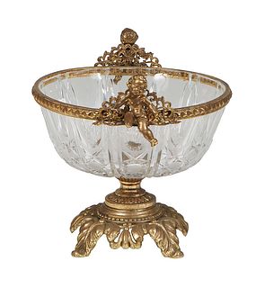 French Style Cut Glass and Gilt Bronze Center Bowl, 20th c., the bronze rim mounted with two seated putti, over a circular bowl on a bronze socle supp