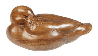 Carol J. Danos (Larose, LA), "Sleeping Mallard Hen Duck Decoy," 1994, carved sunken cypress, signed and dated on the underside and placed "Easton, MD,