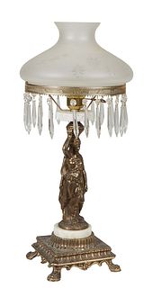 Brass and Marble Figural Lamp, 20th c., with a classical female support, upholding a flat circular shade ring hung with button and spear prisms, on a 