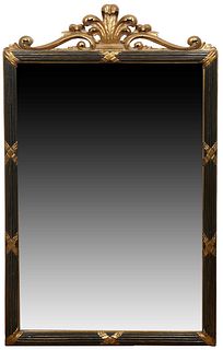 English Style Gilt and Gesso Overmantel Mirror, 20th c., with a Prince of Wales feather crest flanked by scrolled leaves, atop a reeded gilt and eboni