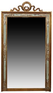 French Louis XVI Polychromed Gilt and Gesso Overmantel Mirror, 19th c., with a gilt wreath and garland surmount over a pale blue polychromed border wi