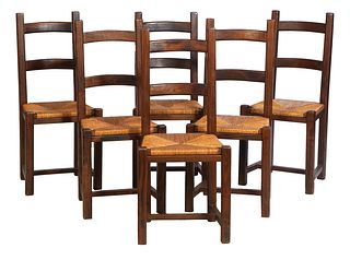 Set of Eight French Provincial Carved Oak Ladderback Rushseat Dining Chairs, the canted back over a rushseat, on square legs joined by rectangular str