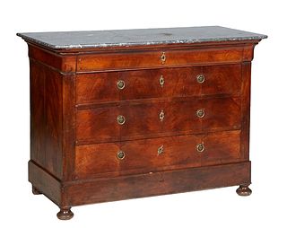 French Provincial Louis Philippe Carved Walnut Marble Top Commode, 19th c., the rounded corner and edge highly figured gray marble over a frieze drawe