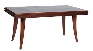 French Art Deco Inlaid Walnut Dining Table, c. 1940, the stepped top over a wide skirt, with two pull out leaf supports, on tapered square cabriole le
