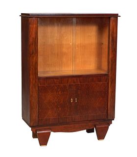 French Art Deco Inlaid Walnut Drinks Cabinet, c. 1940, the stepped top over double sliding glass doors, above double cupboard doors, on large cabriole
