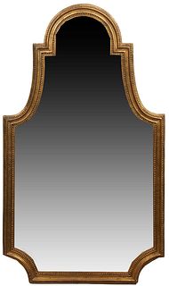 French Gilt and Gesso Overmantel Mirror, 20th c., the arched stepped top over a beaded curved frame and a beaded liner, H.- 34 1/2 in., W.- 21 3/4 in.
