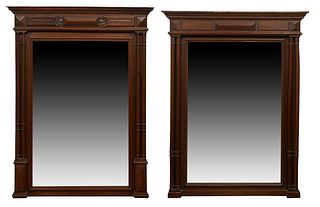 Two French Henri II Carved Walnut Overmantel Mirrors, c. 1880, with a stepped crown over a setback wide beveled mirror, flanked by two narrow reeded t
