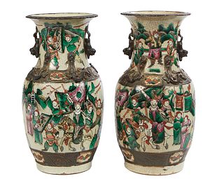 Pair of Japanese Crackleware Baluster Vases, 20th c., with applied Foo dog handles and relief applied salamander shoulders, with figural decoration, t