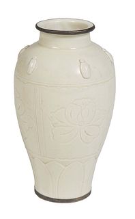Chinese Ding-Ware Baluster Porcelain Vase, 20th c., with a bronze rim, the shouldes with relief leaves, over floral incised sides tapering to a foot w