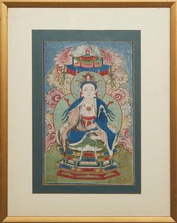 Chinese School, "Seated Buddha," 19th c., watercolor on paper, unsigned, presented in a double mat and gilt frame, H.- 14 7/8 in., W.- 9 in., Framed H