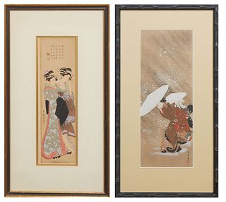 Pair of Ukiyo-e Watercolors, After Kitagawa Fujimarô (Japan, 1790-1850), "Two Girls in the Snowstorm," and "Two Courtesans," woodblock and watercolor 