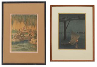 Two Japanese Woodblock Prints, After Arai Yoshimune (Japan, 1863-1941), "Fishing at Night," c. 1920s, woodblock print, from the series entitled “Haseg
