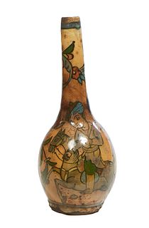 Persian Earthenware Bottle Form Vase, 19th c., with floral and equestrian decoration, H.- 12 in., Dia.- 4 7/8 in.
