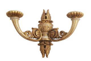 Carved Wooden Louis XVI Style Gilt Two Light Sconce, 20th c., with a flame topped urn back plate issuing two curved arms with reeded bobeches, electri