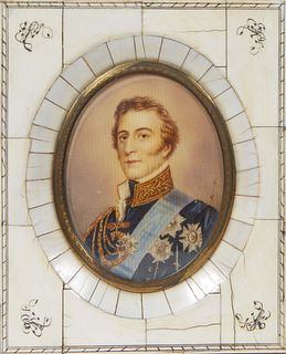 French Portrait Miniature, 19th c., oval oil on board, of a man in Napoleonic dress uniform, signed indistinctly proper left center, presented in a pe