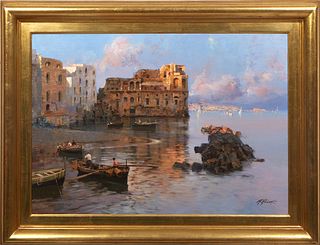 Raimondo Roberti (Italy, 1947-), "Palazzo Donn'Anna, Napoli," 20th c., oil on canvas, signed lower right, signed and titled en verso, presented in a g