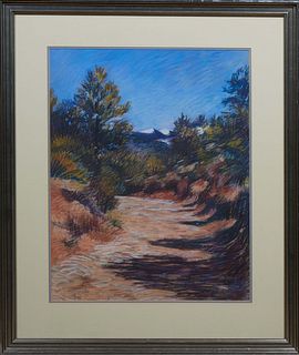 American School, "Mountain Path with Snowcaps in the Distance," 20th c., mixed media watercolor, pencil signed lower right, presented in a silvered wo