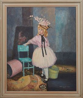 Mary Heines Boyd, "Portrait of a Young Girl," 1953, oil on canvas, signed and dated lower right, presented in a gray painted wood frame, H.- 24 in., W