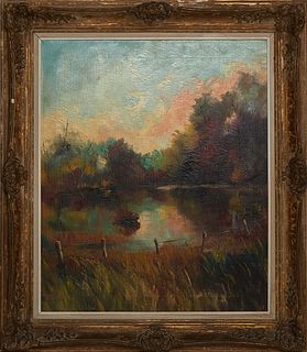 TT Rimes, "Autumn Views at the Lake," 20th c., oil on canvas, signed indistinctly lower left, presented in a gilt frame, H.- 23 1/2 in., W.- 19 1/2 in
