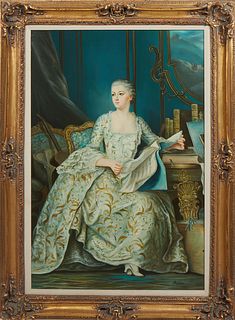 After Maurice Quentin de la Tour (France, 1704-1788), Jeanne Poisson (1721-64), "The Marquise de Pompadour," 21st c., oil on canvas, signed "Antanis" 