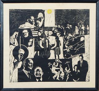James Louis Steg (Louisiana, 1922-2001), "The Great Society," c. 1965, woodblock and oil on paper, signed and dated in pencil lower right, titled indi