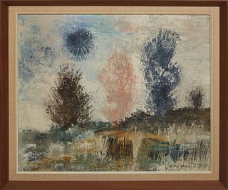 Ralph McGuire (Maryland, 1917-2006), "Trees on the Moor," c. 1961, oil on board, signed and dated lower right, with a label en verso stating the piece