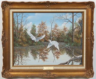R. P. Suire (American), "Autumn Majesty," 20th c., oil on canvas, signed lower right, titled with artist name on plaque on bottom of frame, presented 