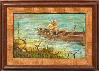 Don Reggio (Louisiana, 1950-), "Crab Trapper in Boat," c. 1971, oil on canvas, signed lower left, initialed and dated en verso, presented in a wood fr