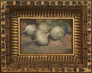 T. Allo, "Still Life of White Radishes," 20th c., oil on canvas, signed lower right, presented in a gilt frame, H.- 4 3/4 in., W.- 7 1/8 in., Framed H