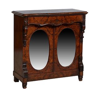English Victorian Burled Walnut Parlor Cabinet, 19th c., the ogee edge rounded corner top over a scalloped bowed drawer and two setback oval mirror do