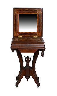 Unusual American Inlaid Walnut Sewing Table, 19th c., the hinged checkerboard inlaid top opening to an interior mirror over a compartmented interior w