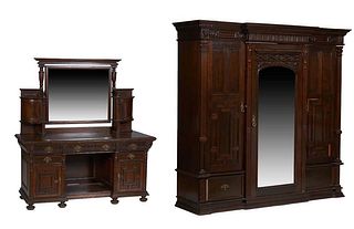 English Carved Mahogany Two Piece Bedroom Suite, c. 1900, consisting of a dresser and a matching armoire, the dresser with a stepped dentillated crown