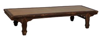 Chinese Carved Pine Daybed, 19th c., the rectangular top with an inset faux bamboo center, on shaped legs joined by rectangular stretchers, H.- 16 3/4