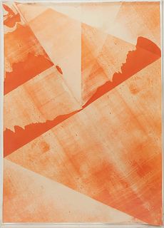 Jeffery Beardsall (British, 1940-), "Untitled (Orange Abstract)," 20th c., orange silkscreen on folded paper, unsigned, presented in a shadow box plex
