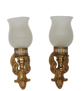 Pair of Gilt Bronze Empire Style Single Light Sconces, 20th c., with a swan form back plate issuing a light with a frosted glass shade, electrified, H